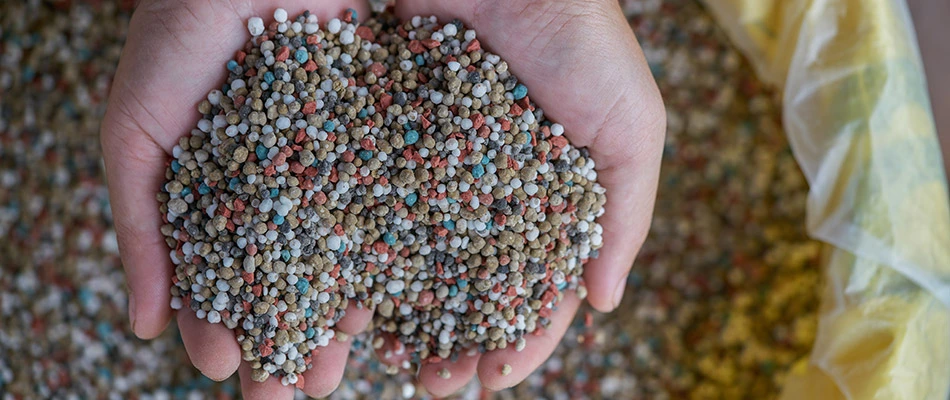 Our lawn care specialist holding multicolored fertilizer ready to be spread on a property in Bellevue, WI.