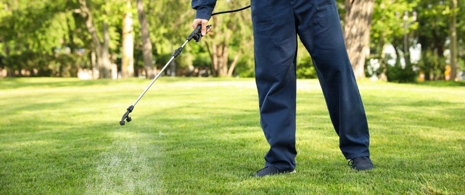 A tech applying liquid lawn treatment to lawn in Combined Locks, WI.