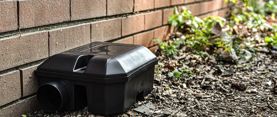 Rodent bait box beside home in Grand Chute, WI.