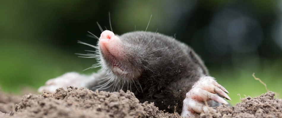 A vole from lawn peeking from its burrow made in client's lawn in Seymour, WI.