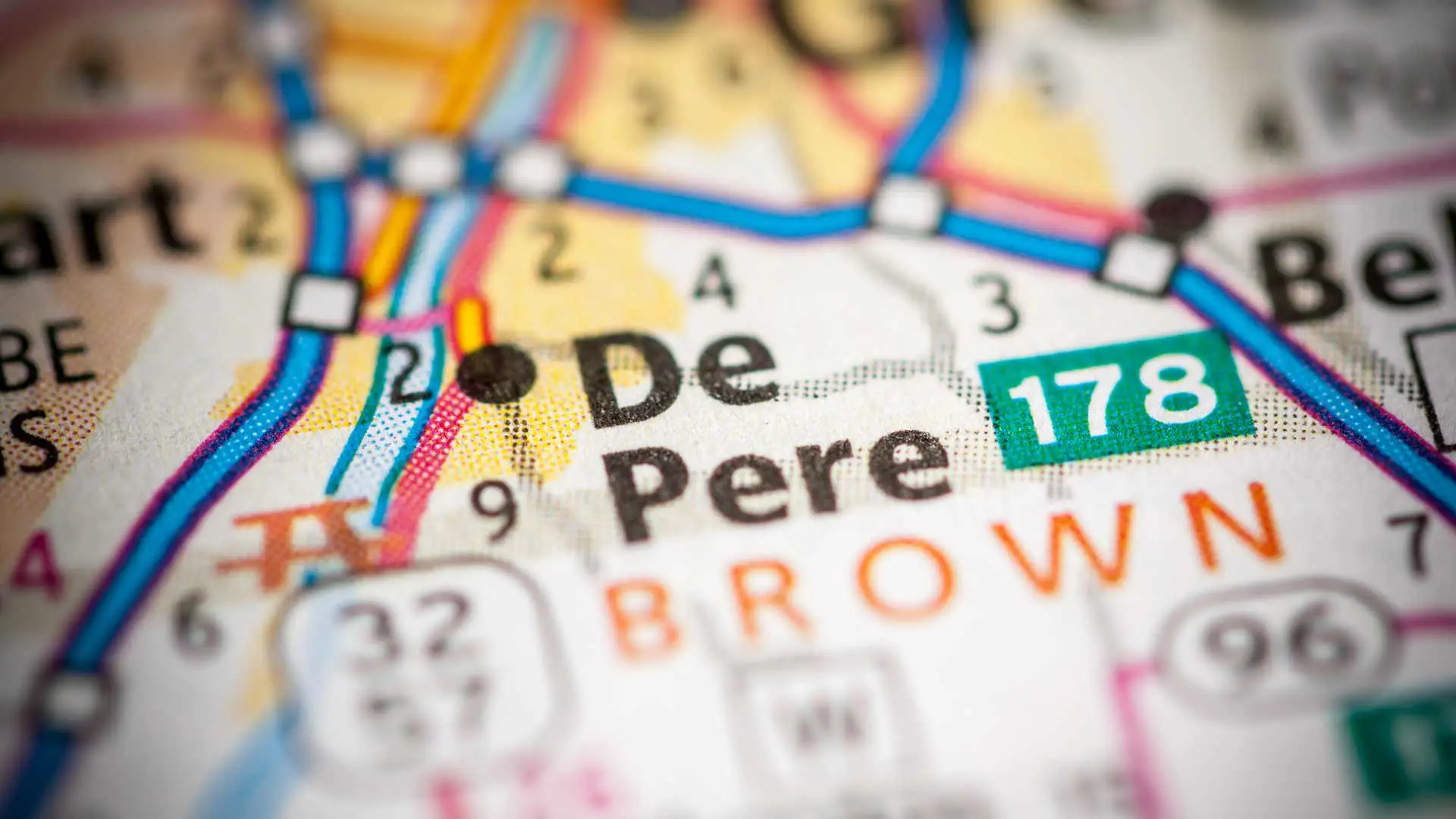 Close up of De Pere, Wisconsin on a map.