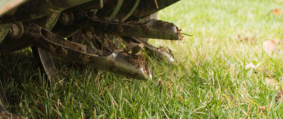 Our core aeration machine in action on a property in Bellevue, WI.