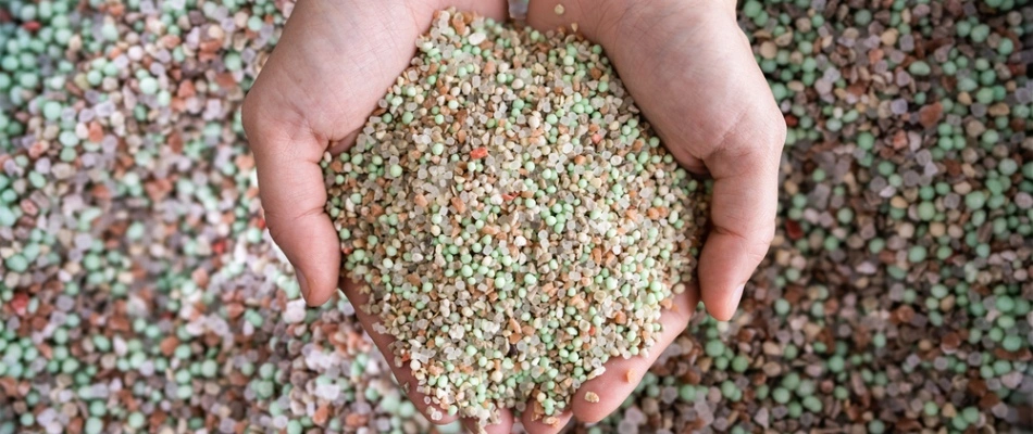 Handful of fertilizer mixture containing nitrogen, phosphorus, and potassium in Ashwaubenon, WI.