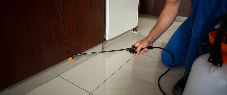Interior pest control treatment being sprayed under furniture in Iron Mountain, MI.