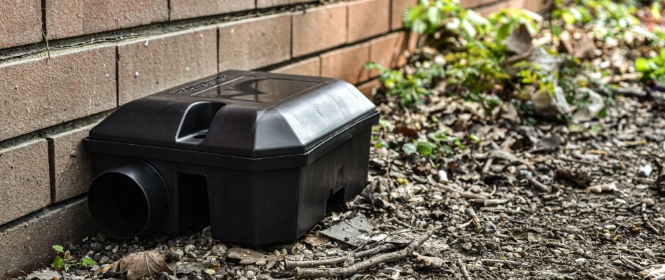 Vole bait trap placed beside home in Kingsford, MI.